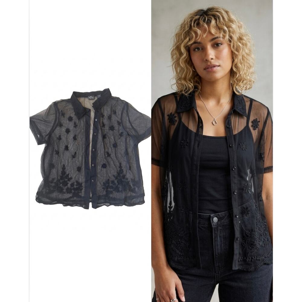 Vintage Y2K NY Jeans New York Company Black Sheer Mesh Embroidered Top XL